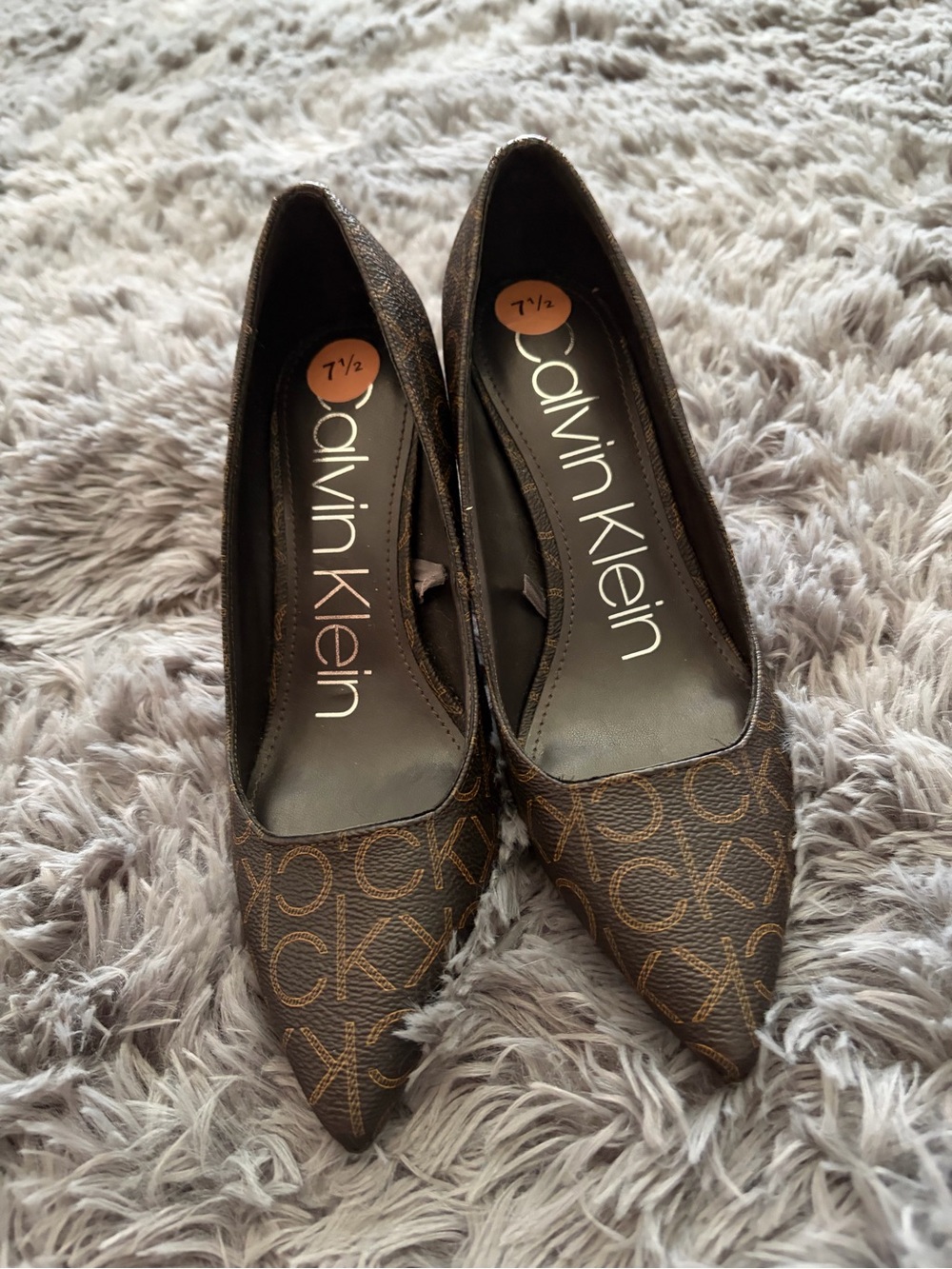 Calvin Klein Brown Monogram Pointed-Toe Heels
